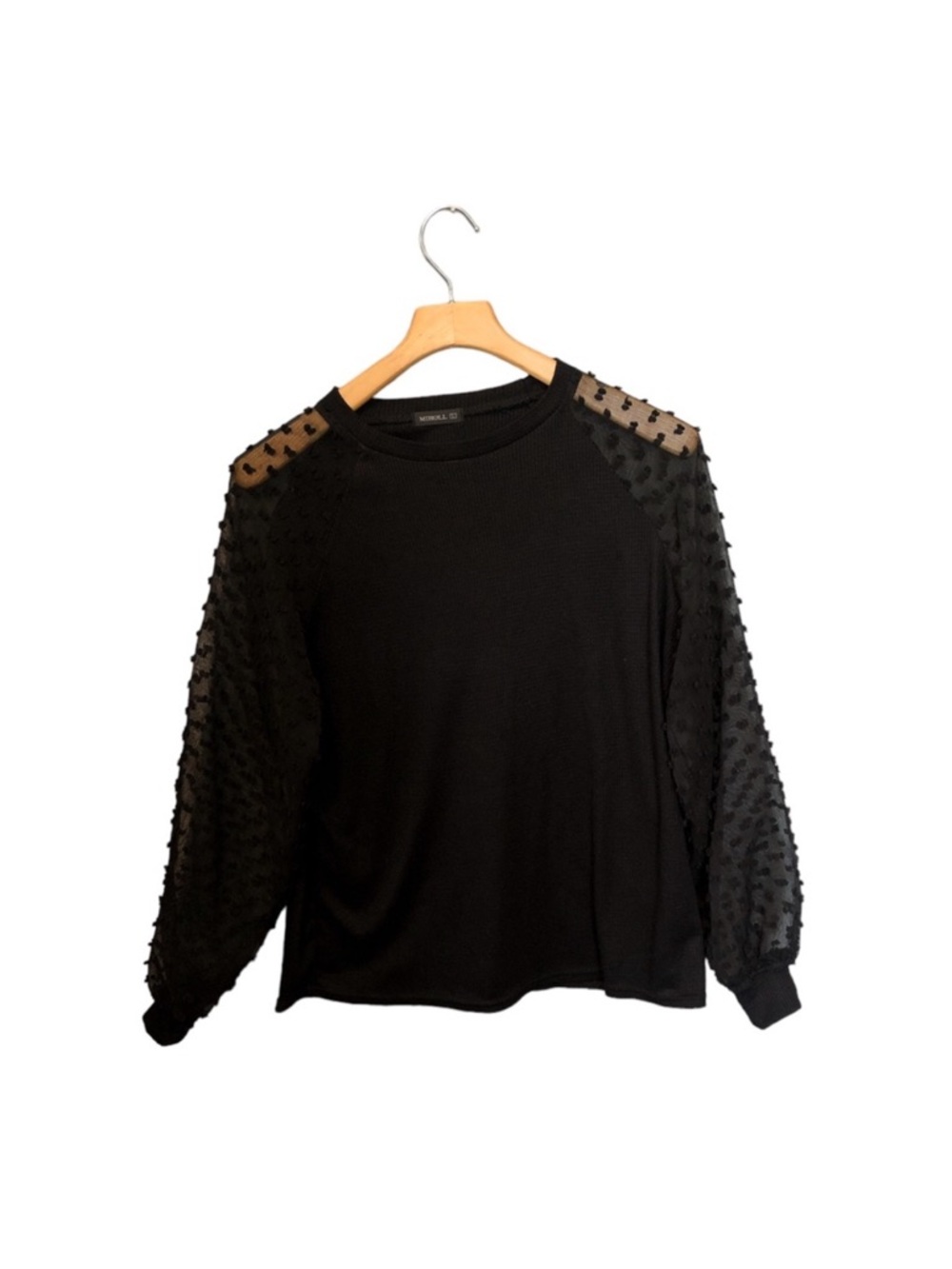 Miholl Black Sheer Dot Long Sleeve Waffle Knit Top Large